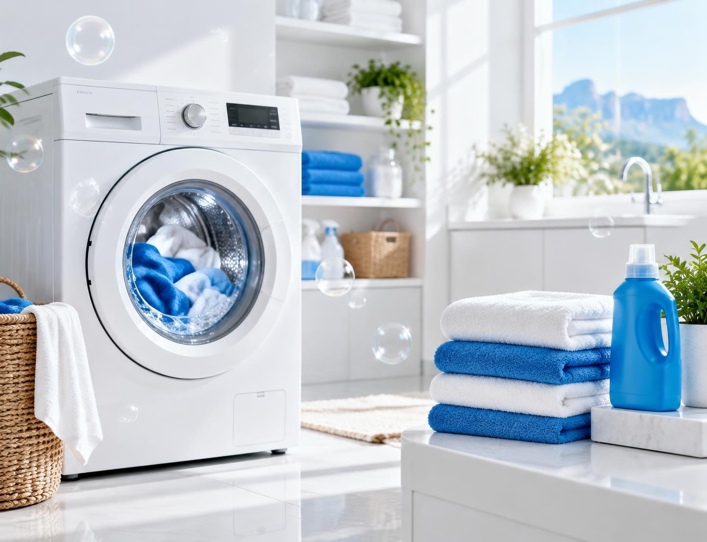 Bright laundry room with a washing machine, folded towels and cleaning supplies